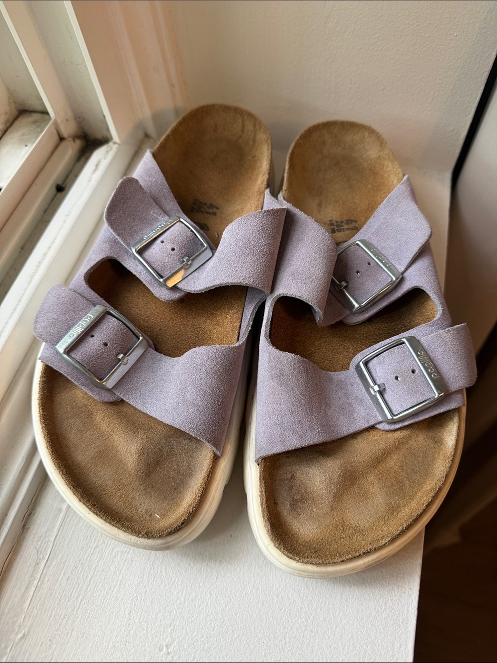 Papillio Double-Buckle Suede Sandals in Light Lavender
